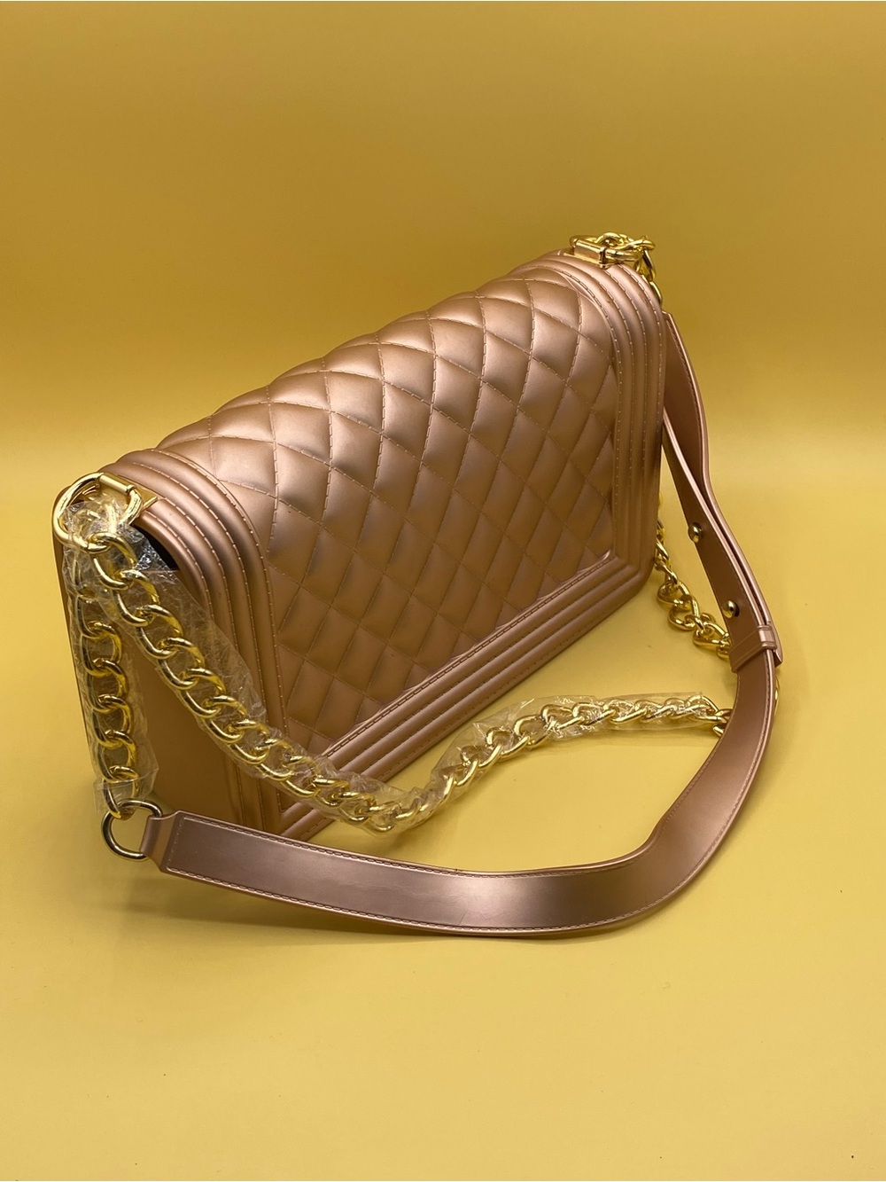 Quilted Metallic Champagne Shoulder Bag with Gold Hardware - Picture 4 of 4